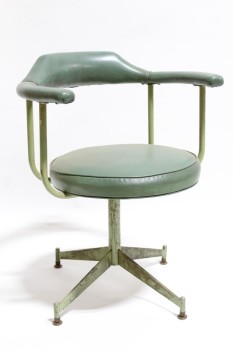 Chair, Office, VINTAGE, PADDED GREEN VINYL SEAT, BACK & ARMS, AGED METAL FRAME, SWIVELS, VINYL, GREEN