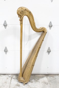 Music, String, ANTIQUE PEDAL HARP, ORNATE FRAME, STRINGS MISSING, DECORATIVE, DISTRESSED, AGED, GOLD