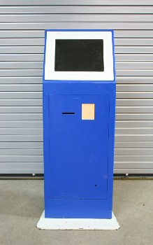 Store, ATM, ATM,CASH/BANK MACHINE,EUROPEAN STYLE,STANDING, WHITE TRIM W/BASE (Productions Can Apply Their Own Removable Decals To This Kiosk) , METAL, BLUE