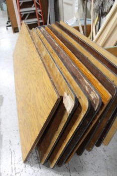 Table, Folding, 4' PLYWOOD TOP, BLACK METAL FOLDING LEGS - All In Various Used Condition, WOOD, BROWN