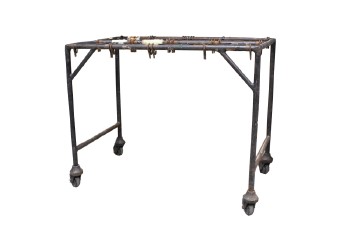 Rack, Miscellaneous, INDUSTRIAL, 4 LEG 3 BEAM FRAME W/WHEELS, HOOKS & HANGING CLIPS ATTACHED, METAL, BLACK