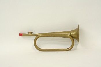 Music, Brass, BUGLE W/RED PLASTIC MOUTHPIECE, WIND INSTRUMENT, METAL, GOLD