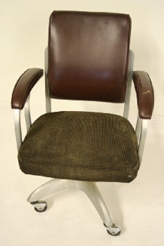 Chair, Office, VINTAGE, INDUSTRIAL, DARK VINYL SEAT W/ALUMINUM ARM SUPPORT, X-SHAPED PROPELLER BASE, ROLLING - Condition Not Identical To Photo, METAL, BROWN