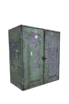 Cabinet, Misc, WORK OR AUTO SHOP, 2 DOOR, 2 SLOTTED LEVELS INSIDE, GALVANIZED, AGED, PEELING PAINT, METAL, GREEN