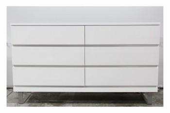 Dresser, Miscellaneous, MODERN, 6 DRAWERS, GLOSSY FINISH, BRUSHED ALUMINUM CONNECTED LEGS, LACQUER, WHITE