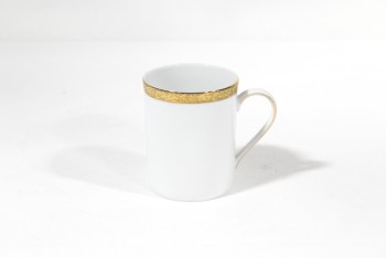 Drinkware, Cup, COFFEE CUP,GOLD TRIM BORDER OF LEAVES , CHINA, WHITE