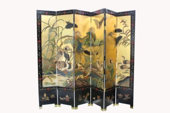 Screen, Misc, 7FT TALL x 8FT WIDE ROOM DIVIDER, 6 PANELS, ASIAN BIRDS MOTIF, BLACK & GOLD BACKGROUNDS (BOTH SIDES DIFFERENT, SEE PHOTOS), WOOD, BLACK