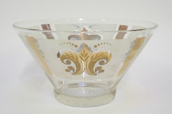 Bowl, Decorative, ROUND, TAPERED W/WHITE & GOLD DESIGN, VINTAGE, GLASS, CLEAR