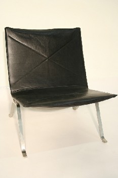 Chair, Lounge, MODERN, STITCHED 'X' ON SEAT/BACK, CHROME LEGS, LEATHER, BLACK