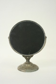 Mirror, Vanity, ROUND W/ORNATE BASE - Condition Not Identical To Photo, METAL, SILVER