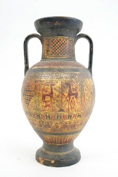 Vase, Terracotta, 2 HANDLED AMPHORA, ANCIENT GREEK STYLE, HAND PAINTED, AGED, TERRA COTTA, MULTI-COLORED