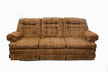 Sofa, Three Seat, BUTTON TUFTED BACK, PLAID TEXTURED UPHOLSTERY, COVERED ARMS & PLEATED SKIRT, AGED, FABRIC, BROWN
