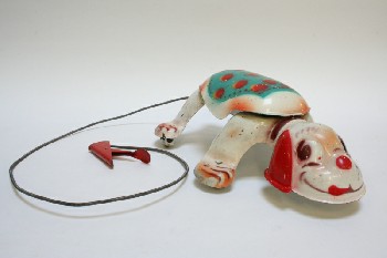 Toy, Animal, VINTAGE MECHANICAL DOG ON WHEELS W/PULL CORD, METAL, MULTI-COLORED