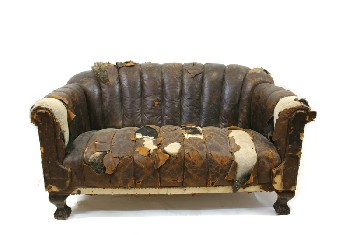 Sofa, Loveseat, ROLL ARM, SCALLOPED / SHELL BACK SEAT, CLAW FEET, RIPPED/AGED - Stock Photo Only, Condition Not Identical, LEATHER, BLACK