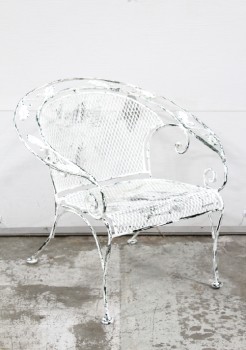 Chair, Side, CURVED BACK W/LEAF BORDER, PERFORATED MESH SEATS & BACK, CURVED LEGS , METAL, WHITE