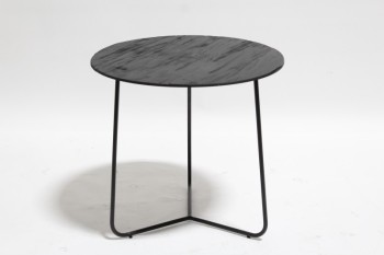 Table, Side, MODERN, DARK GREY ROUND WOOD TOP, 3 BLACK METAL CONNECTED LEGS, WOOD, BLACK