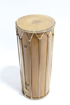 Music, Drum, CONGA,PORTABLE,CYLINDRICAL W/SLIGHT TAPER, WOOD BARREL, HIDE SKINS, LEATHER STRINGS , WOOD, BROWN