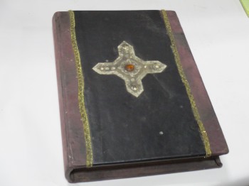 Book, Medieval, Burgandy Leather Cover And Spine. Cross Pattern On Black With One Jewel On Front, BURGUNDY