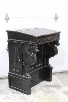 Podium, Misc, DOORMAN'S DESK, HINGED ANGLED TOP, CARVED ANIMALS, CLAW FEET, SMALL CABINETS W/DOORS ON EACH SIDE, PANELED FRONT, WORN AROUND FRONT EDGE & LOCK, ANTIQUE, WOOD, BLACK