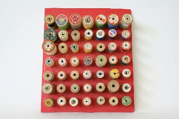 Sewing, Misc, SPOOLS OF MULTICOLOURED THREAD GLUED TO RED BACKING, COLLECTION, HANDMADE LOOK, WOOD, RED
