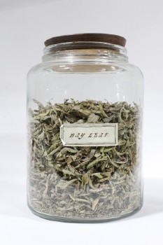 Decorative, Dressed Jar, CYLINDRICAL,3/4 FULL OF HERBS,"BAY LEAVES", ROUND WOOD LID , GLASS, CLEAR