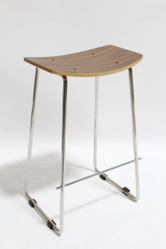Stool, Rectangular, MODERN,CURVED WOOD SEAT,CHROME CONNECTED LEGS W/FOOT BAR , WOOD, BROWN
