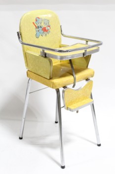 Chair, Child's, BABY, VINTAGE / RETRO HIGH CHAIR W/TRAY, CHROME TUBULAR FRAME, CRACKED ICE LAMINATE W/2 BEARS ON SEAT BACK, USED, VINYL, YELLOW