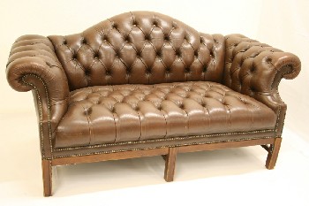 Sofa, Loveseat, ROLL ARM, CAMELBACK, BUTTON TUFTED, TACK TRIM, DARK WOOD LEGS, LEATHER, BROWN