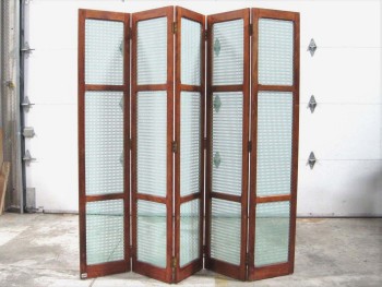 Screen, Misc, 5 PANEL ROOM DIVIDER, WOOD FRAME, BRASS LATCHES, LATTICE PATTERN CUTOUTS, WOOD, BROWN