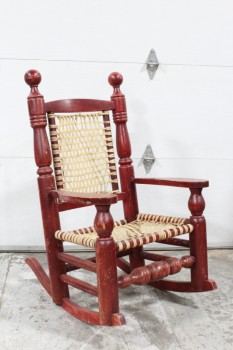 Chair, Rocking, XL,THICK FRAME, TURNED POSTS W/BALL ENDS, WOVEN HIDE SEAT & BACK, RUSTIC, WOOD, BROWN