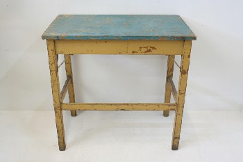 Table, Kitchen, RECTANGULAR W/BLUE TOP, LIGHT BROWN LEGS & FRAME, DISTRESSED/AGED, WOOD, BROWN