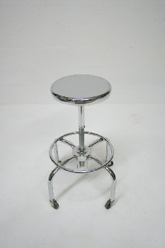 Stool, Stainless, MEDICAL, HOSPITAL, LAB, ROUND SEAT, LOWER FOOT RING, ROLLING, 4 WHEELS, STAINLESS STEEL, SILVER