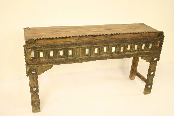 Table, Console, SOFA/HALL TABLE, CARVED W/SMALL MIRRORS, ORNATE, SERRATED FRONT EDGE, WOOD, BROWN