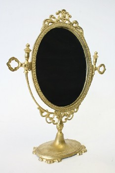 Mirror, Vanity, PATTERNED BORDER, ORNATE OVAL BASE & SIDES, ANTIQUE LOOK, METAL, GOLD