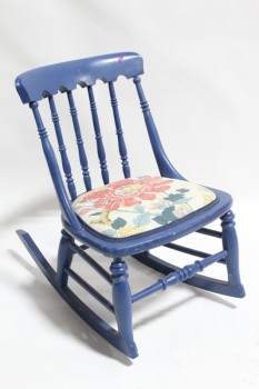 Chair, Child's, SMALL ROCKER, KID SIZE, NO ARMS, TURNED SPINDLES, FLORAL UPHOLSTERED SEAT, WOOD, BLUE