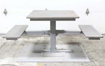 Table, Picnic, TABLE W/ATTACHED BENCHES FOR MULTIPLE SEATING IN DINING HALL, CAFETERIA, JAIL, PRISON OR SIMILAR, METAL BASE MEASURES 48x36", METAL, GREY