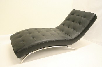 Chair, Lounge, MODERN CHAISE, BUTTON TUFTED DAYBED, CURVED SHAPE, TUBULAR CHROME LEGS, LEATHER, BLACK