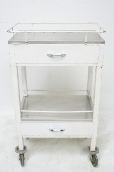 Table, Bedside, MEDICAL OR HOSPITAL EQUIPMENT / INSTRUMENT / SUPPLY CART, 2 LEVELS W/RIMS, 2 DRAWERS, ROLLING, VINTAGE, METAL, WHITE