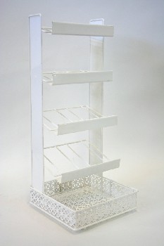Store, Display, COUNTERTOP STAND W/4 TILTED RACKS, LOWER MESH TRAY W/PERFORATED VINTAGE LOOK - Dressing Not Included, METAL, WHITE