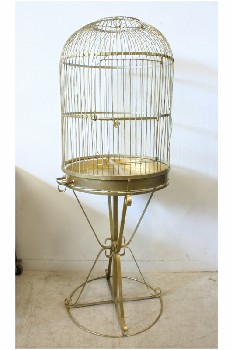 Cage, Bird, STANDING BIRD CAGE W/DOOR, PAINTED GOLD, ROUNDED CAGE W/REMOVEABLE TRAY, ROUND STAND BASE, METAL, GOLD