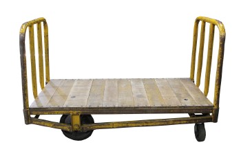 Cart, Misc, VINTAGE, INDUSTRIAL, POST OFFICE / MAIL / RAILROAD PLATFORM CART, ROUNDED METAL END BARS, WOOD FLAT DECK, METAL, YELLOW