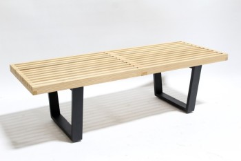 Bench, Misc, MODERN, SPACED SLATS, BLACK METAL CONNECTED LEGS, NATURAL FINISH, WOOD, BROWN