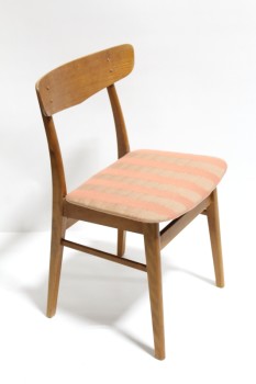 Chair, Dining, ROUNDED BACK REST, STRIPED CUSHION SEAT, WOOD, BROWN