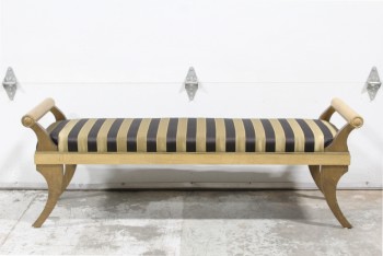 Bench, Misc, ROLL ARMS, FLARED LEGS, BLACK & GOLD STRIPED UPHOLSTERY, WOOD, BROWN