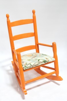 Chair, Child's, SMALL ROCKER W/ARMS, KID SIZE, SLAT BACK, FLORAL UPHOLSTERED SEAT, WOOD, ORANGE