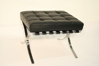 Stool, Ottoman, TUFTED CUSHION, CHROME FRAME & LEGS, MODERN REPRODUCTION IN THE STYLE OF MIES VAN DER ROHE BARCELONA, LEATHER, BLACK