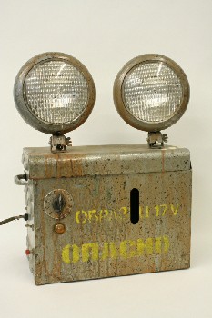 Lighting, Emergency Lights, VINTAGE W/TIMER DIAL, SIDE HANDLES, STENCILED YELLOW TEXT, AGED, METAL, GREY