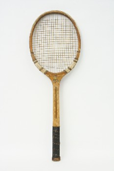Sport, Tennis, RACQUET,NO NAME,W/BLACK LEATHER GRIP,TAPED TOP, WOOD, TAN
