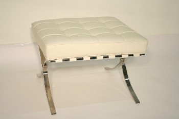 Stool, Ottoman, TUFTED CUSHION, CHROME FRAME & LEGS, MODERN REPRODUCTION IN THE STYLE OF MIES VAN DER ROHE BARCELONA, LEATHER, WHITE