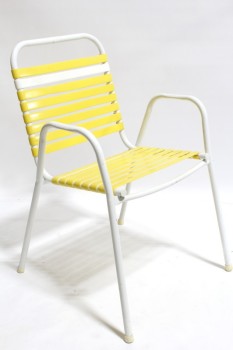 Chair, Lawn, VINTAGE OUTDOOR / LAWN, WHITE METAL TUBULAR FRAME, FLAT YELLOW BANDS, PLASTIC, YELLOW